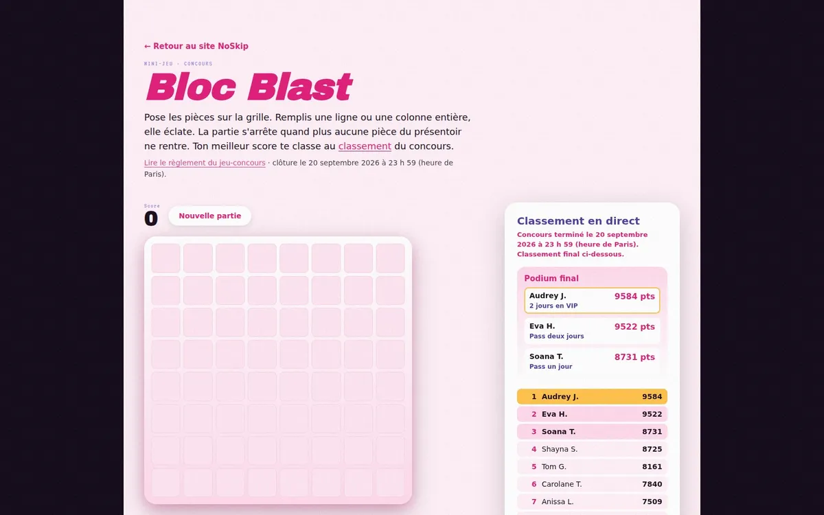 Bloc Blast, le mini-jeu-concours, avec son classement en direct