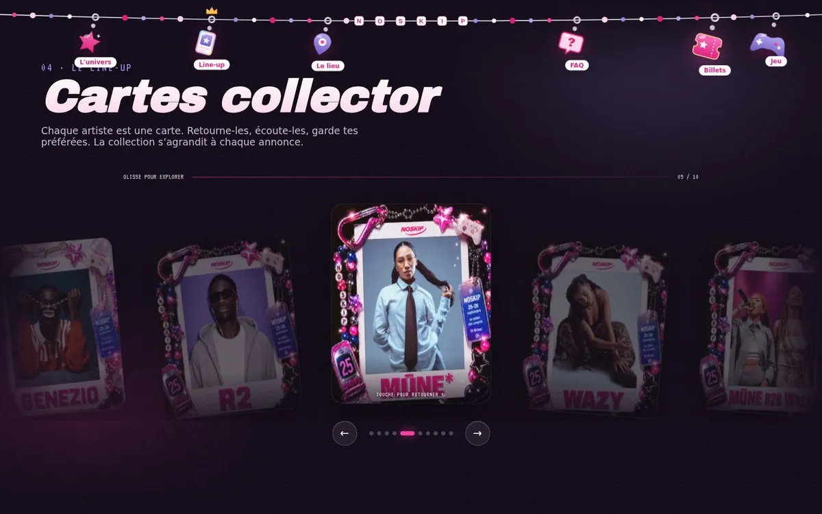 Line-up présenté en cartes collector à faire glisser et à retourner
